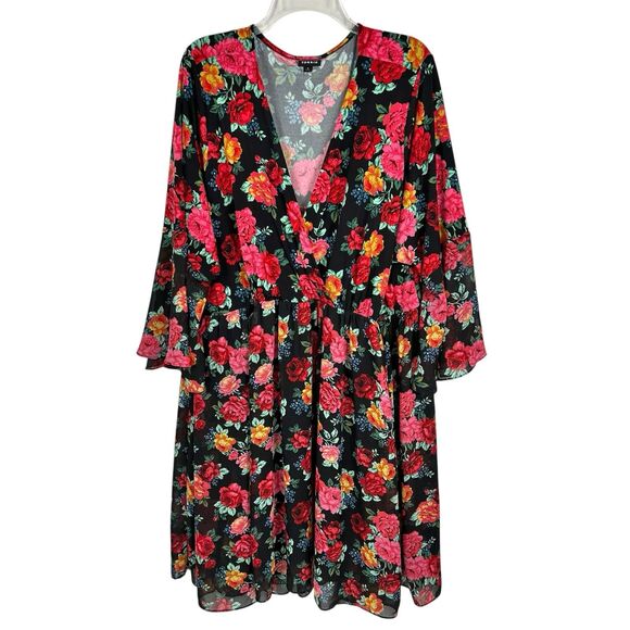 Torrid Mini Chiffon And Studio Floral Long Bell Sleeve Surplice Dress Women’s 5X - Picture 1 of 9
